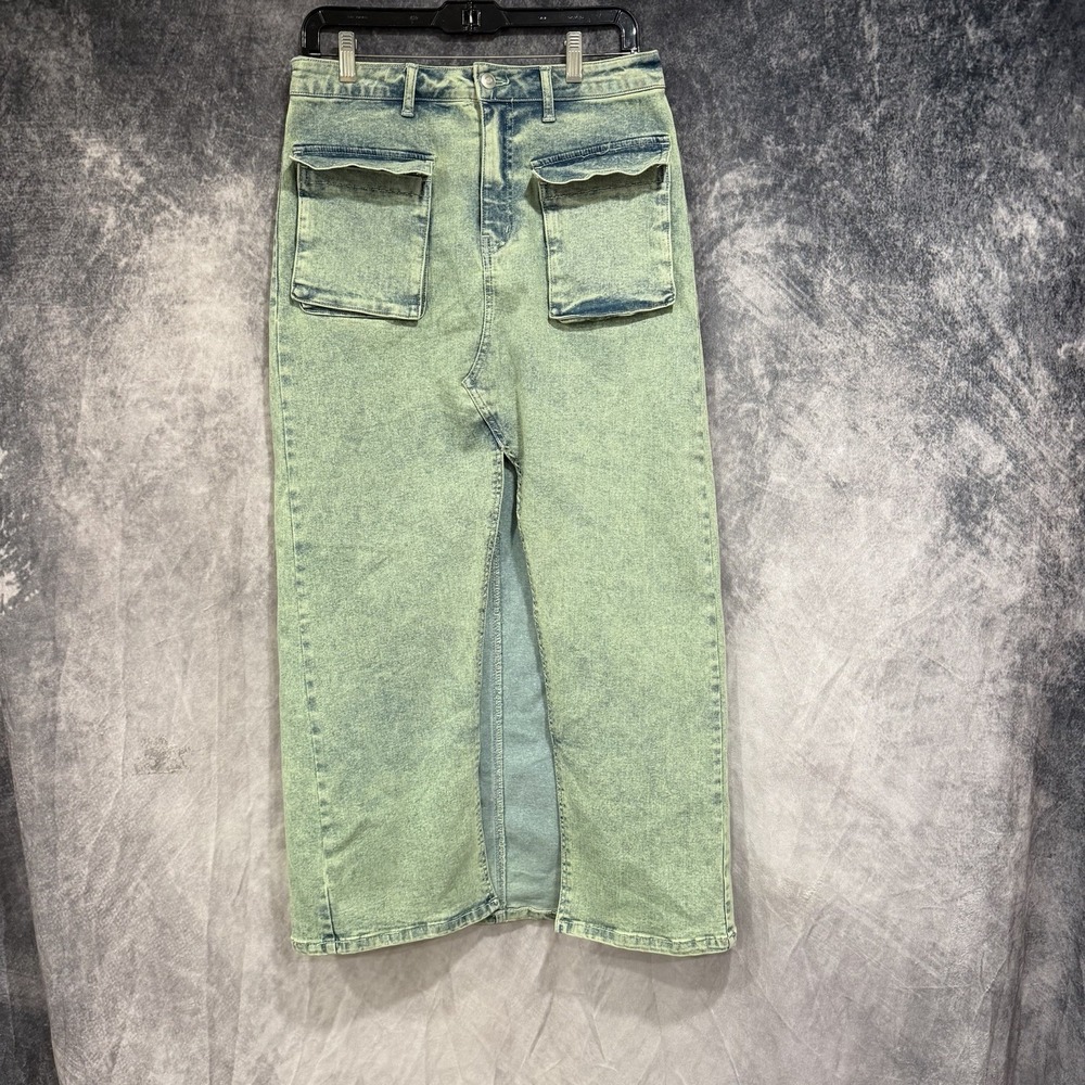 Fashion Nova Women's Large Acid Wash Denim Cargo Maxi Skirt Stretch Utility Y2K